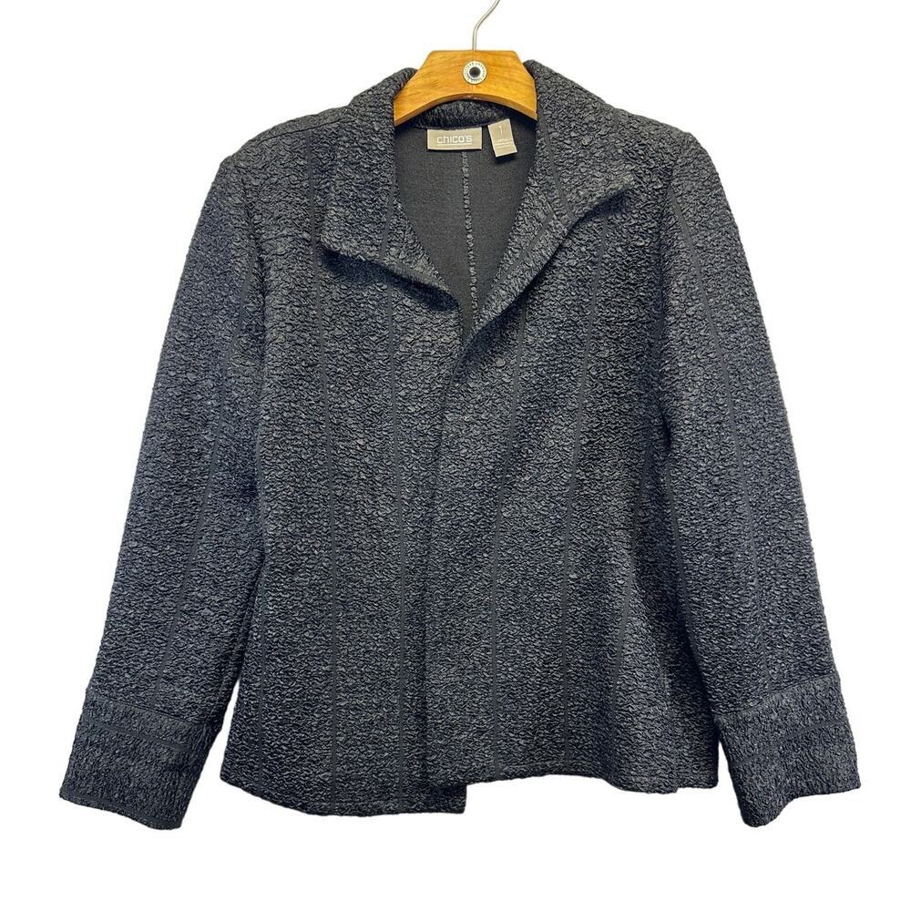 Chico's Black Stretch Shiny Lightweight Cardigan Crinkle Open Front Size 1‎